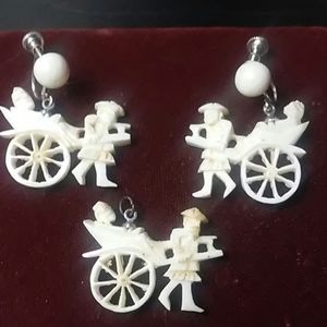 Vintage Sterling Silver Carved Earrings Pendant